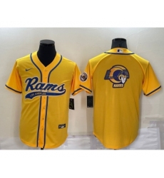 Men's Los Angeles Rams Yellow Team Big Logo With Patch Cool Base Stitched Baseball Jersey