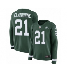 Women's Nike New York Jets #21 Morris Claiborne Limited Green Therma Long Sleeve NFL Jersey