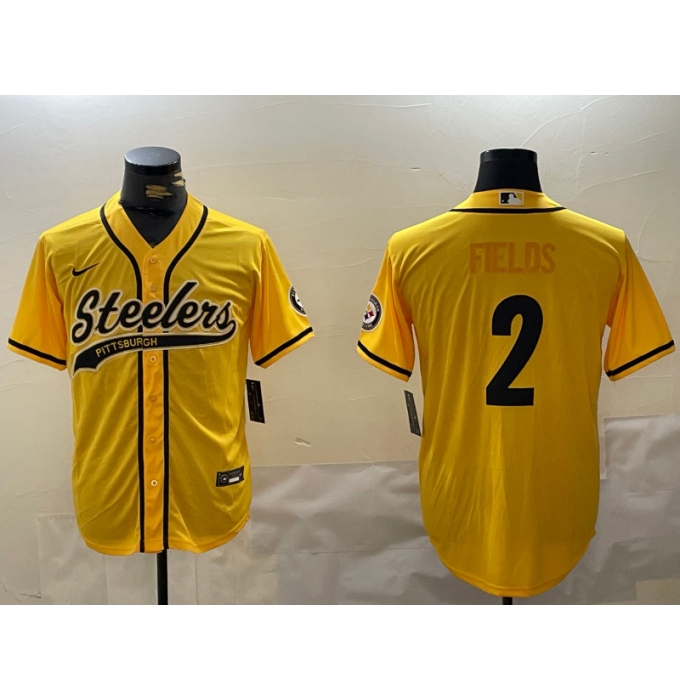 Men's Pittsburgh Steelers #2 Justin Fields Yellow With Cool Base Stitched Baseball Jersey