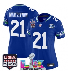 Women's Seattle Seahawks #21 Devon Witherspoon Royal 2025 F.U.S.E. Super Bowl LX And 50th Season & USA 250 Vapor Throwback Limited Stitched Football Jersey