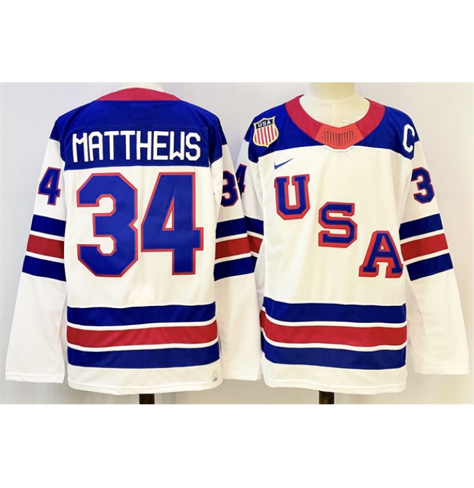 Men's USA #34 Auston Matthews White 2025-2026 With C Stitched Jersey