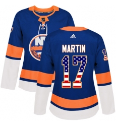 Women's Adidas New York Islanders #17 Matt Martin Authentic Royal Blue USA Flag Fashion NHL Jersey