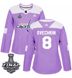 Women's Adidas Washington Capitals #8 Alex Ovechkin Authentic Purple Fights Cancer Practice 2018 Stanley Cup Final NHL Jersey