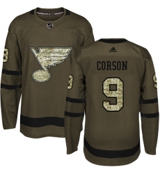 Men's Adidas St. Louis Blues #9 Shayne Corson Authentic Green Salute to Service NHL Jersey