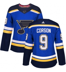 Women's Adidas St. Louis Blues #9 Shayne Corson Authentic Royal Blue Home NHL Jersey
