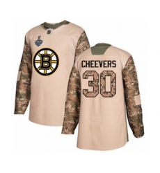 Men's Boston Bruins #30 Gerry Cheevers Authentic Camo Veterans Day Practice 2019 Stanley Cup Final Bound Hockey Jersey