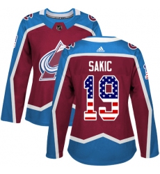Women's Adidas Colorado Avalanche #19 Joe Sakic Authentic Burgundy Red USA Flag Fashion NHL Jersey