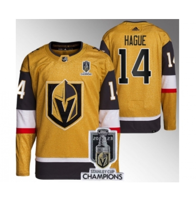 Men's Vegas Golden Knights #14 Nicolas Hague Gold 2023 Stanley Cup Champions Stitched Jersey