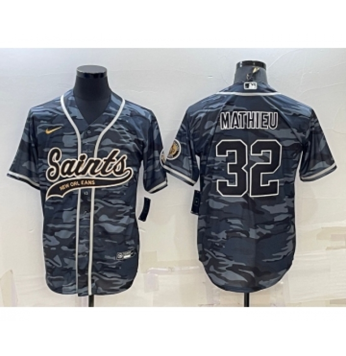 Men's New Orleans Saints #32 Tyrann Mathieu Grey Camo With Patch Cool Base Stitched Baseball Jersey