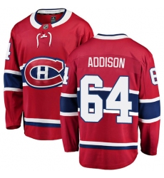 Men's Montreal Canadiens #64 Jeremiah Addison Authentic Red Home Fanatics Branded Breakaway NHL Jersey