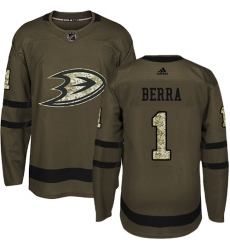 Men's Adidas Anaheim Ducks #1 Reto Berra Authentic Green Salute to Service NHL Jersey