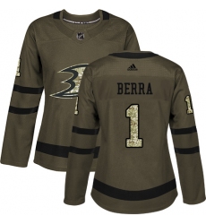 Women's Adidas Anaheim Ducks #1 Reto Berra Authentic Green Salute to Service NHL Jersey