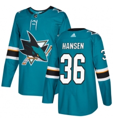 Youth Adidas San Jose Sharks #36 Jannik Hansen Authentic Teal Green Home NHL Jersey