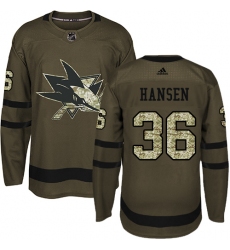 Youth Adidas San Jose Sharks #36 Jannik Hansen Premier Green Salute to Service NHL Jersey