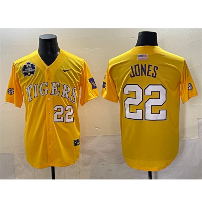 Men's LSU Tigers #22 Jared Jones Gold 2025 World Series & SEC Patch Stitched Baseball Jersey