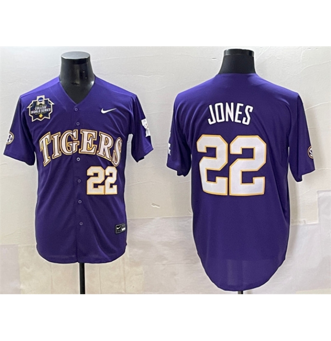Men's LSU Tigers #22 Jared Jones Purple 2025 World Series & SEC Patch Stitched Baseball Jersey