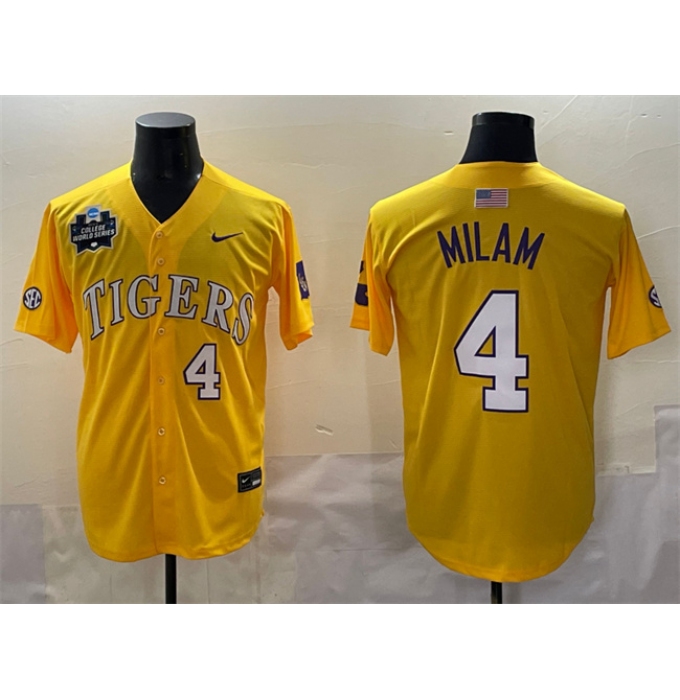 Men's LSU Tigers #4 Steven Milam Gold 2025 World Series & SEC Patch Stitched Baseball Jersey
