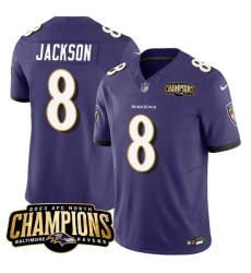 Men's Baltimore Ravens #8 Lamar Jackson Purple 2023 F.U.S.E. AFC North Champions Vapor Limited Football Stitched Jersey