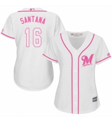 Women's Majestic Milwaukee Brewers #16 Domingo Santana Replica White Fashion Cool Base MLB Jersey