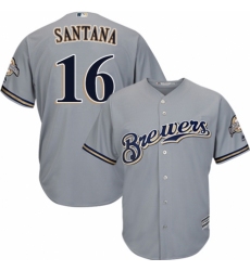 Youth Majestic Milwaukee Brewers #16 Domingo Santana Replica Grey Road Cool Base MLB Jersey