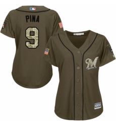 Women's Majestic Milwaukee Brewers #9 Manny Pina Authentic Green Salute to Service MLB Jersey
