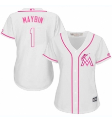 Women's Majestic Miami Marlins #1 Cameron Maybin Authentic White Fashion Cool Base MLB Jersey