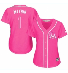 Women's Majestic Miami Marlins #1 Cameron Maybin Replica Pink Fashion Cool Base MLB Jersey