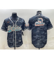 Men's Miami Dolphins Gray Camo Team Big Logo With Patch Cool Base Stitched Baseball Jersey