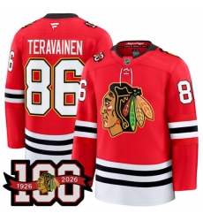 Men's Chicago Blackhawks #86 Teuvo Teravainen Red 2025 Home 100th Anniversary Stitched Hockey Jersey
