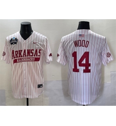 Men's Arkansas Razorbacks #14 Gage Wood White Pinstripe 2025 World Series & SEC Patch Stitched Jersey