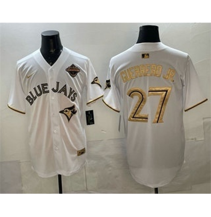 Men's Toronto Blue Jays #27 Vladimir Guerrero Jr White Gold 2025 American League Champions Limited Stitched Jersey