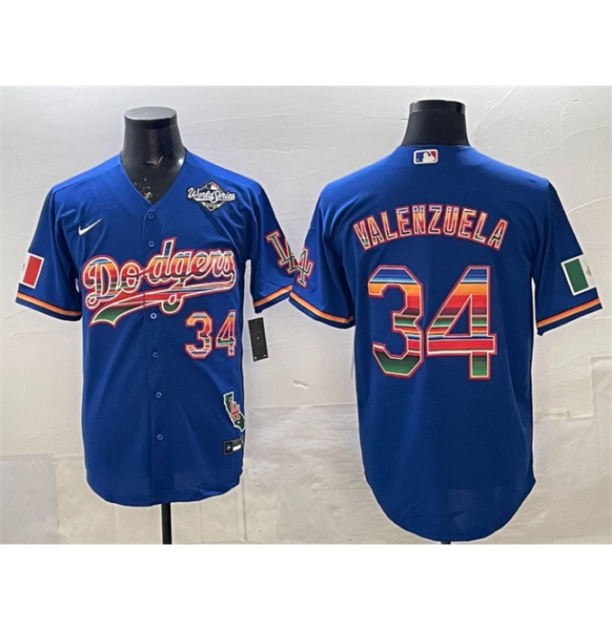 Men's Los Angeles Dodgers #34 Fernando Valenzuela Royal Mexico California 2025 World Series Patch Stitched Baseball Jersey
