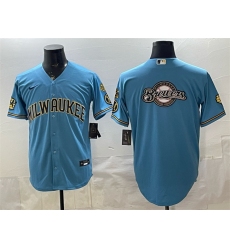 Men's Milwaukee Brewers Team Big Logo Blue With Home & Bob Uecker Stitched Baseball Jersey
