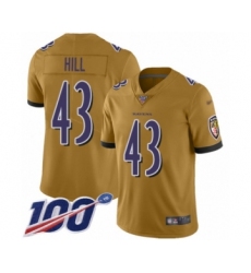 Men's Baltimore Ravens #43 Justice Hill Limited Gold Inverted Legend 100th Season Football Jersey
