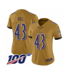 Women's Baltimore Ravens #43 Justice Hill Limited Gold Inverted Legend 100th Season Football Jersey