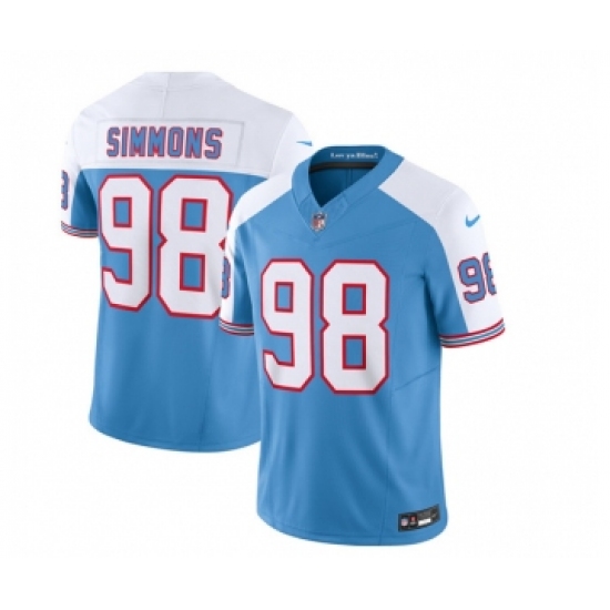 Men's Nike Tennessee Titans #98 Jeffery Simmons Blue White 2023 F.U.S.E. Vapor Limited Throwback Football Stitched Jersey Men's Nike Tennessee Titans #98 Jeffery Simmons Blue White 2023 F.U.S.E. Vapor Limited Throwback Football Stitched Jersey