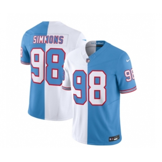 Men's Nike Tennessee Titans #98 Jeffery Simmons White Blue 2023 F.U.S.E. Split Vapor Limited Throwback Football Stitched Jersey Men's Nike Tennessee Titans #98 Jeffery Simmons White Blue 2023 F.U.S.E. Split Vapor Limited Throwback Football Stitched Jersey