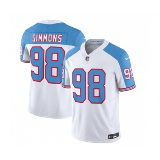 Men's Nike Tennessee Titans #98 Jeffery Simmons White Blue 2023 F.U.S.E. Vapor Limited Throwback Football Stitched Jersey Men's Nike Tennessee Titans #98 Jeffery Simmons White Blue 2023 F.U.S.E. Vapor Limited Throwback Football Stitched Jersey