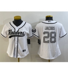 Women's Las Vegas Raiders #28 Josh Jacobs White Silver With Patch Cool Base Stitched Baseball Jersey(Run Small)