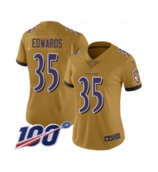 Women's Baltimore Ravens #35 Gus Edwards Limited Gold Inverted Legend 100th Season Football Jersey