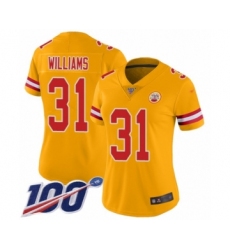 Women's Kansas City Chiefs #31 Darrel Williams Limited Gold Inverted Legend 100th Season Football Jersey