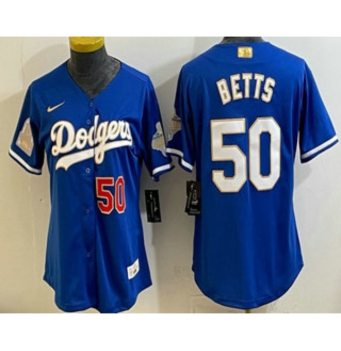 Women's Los Angeles Dodgers #50 Mookie Betts Blue 2026 Gold Collection Stadium Jersey