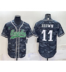 Men's Philadelphia Eagles #11 AJ Brown Grey Camo Cool Base Stitched Baseball Jersey