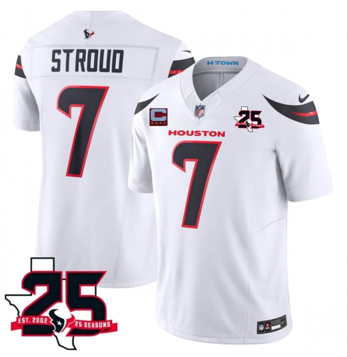 Men's Houston Texans #7 C.J. Stroud White 2026 With 25th Anniversary And 4-Star C Patch F.U.S.E. Vapor Limited Football Stitched Jersey