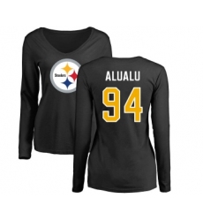 Football Women's Pittsburgh Steelers #94 Tyson Alualu Black Name & Number Logo Slim Fit Long Sleeve T-Shirt
