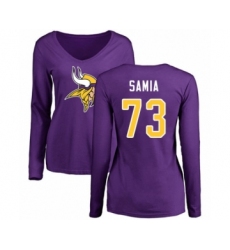 Football Women's Minnesota Vikings #73 Dru Samia Purple Name & Number Logo Slim Fit Long Sleeve T-Shirt
