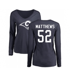 Football Women's Los Angeles Rams #52 Clay Matthews Navy Blue Name & Number Logo Slim Fit Long Sleeve T-Shirt