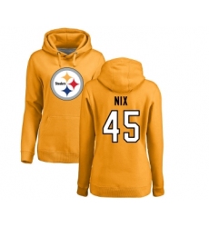 Football Women's Pittsburgh Steelers #45 Roosevelt Nix Gold Name & Number Logo Pullover Hoodie