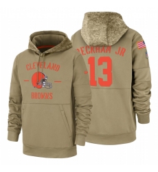 Men's Cleveland Browns #13 Odell Beckham Jr #13 2019 Salute to Service Tan Sideline Therma Pullover Hoodie