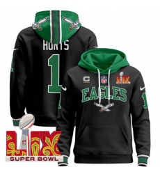 Men's Philadelphia Eagles #1 Jalen Hurts Black 2025 Super Bowl LIX With 4-Star C Patch Pullover Stitched Hoodie